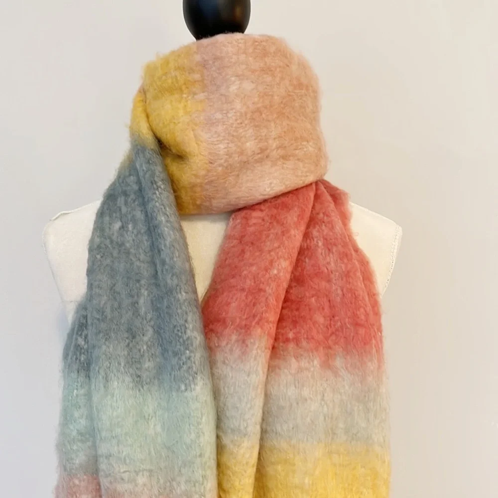 NEW Jessica Simpson Striped Rainbow Thick Wrap Neck Scarf Fringe Large Chunky